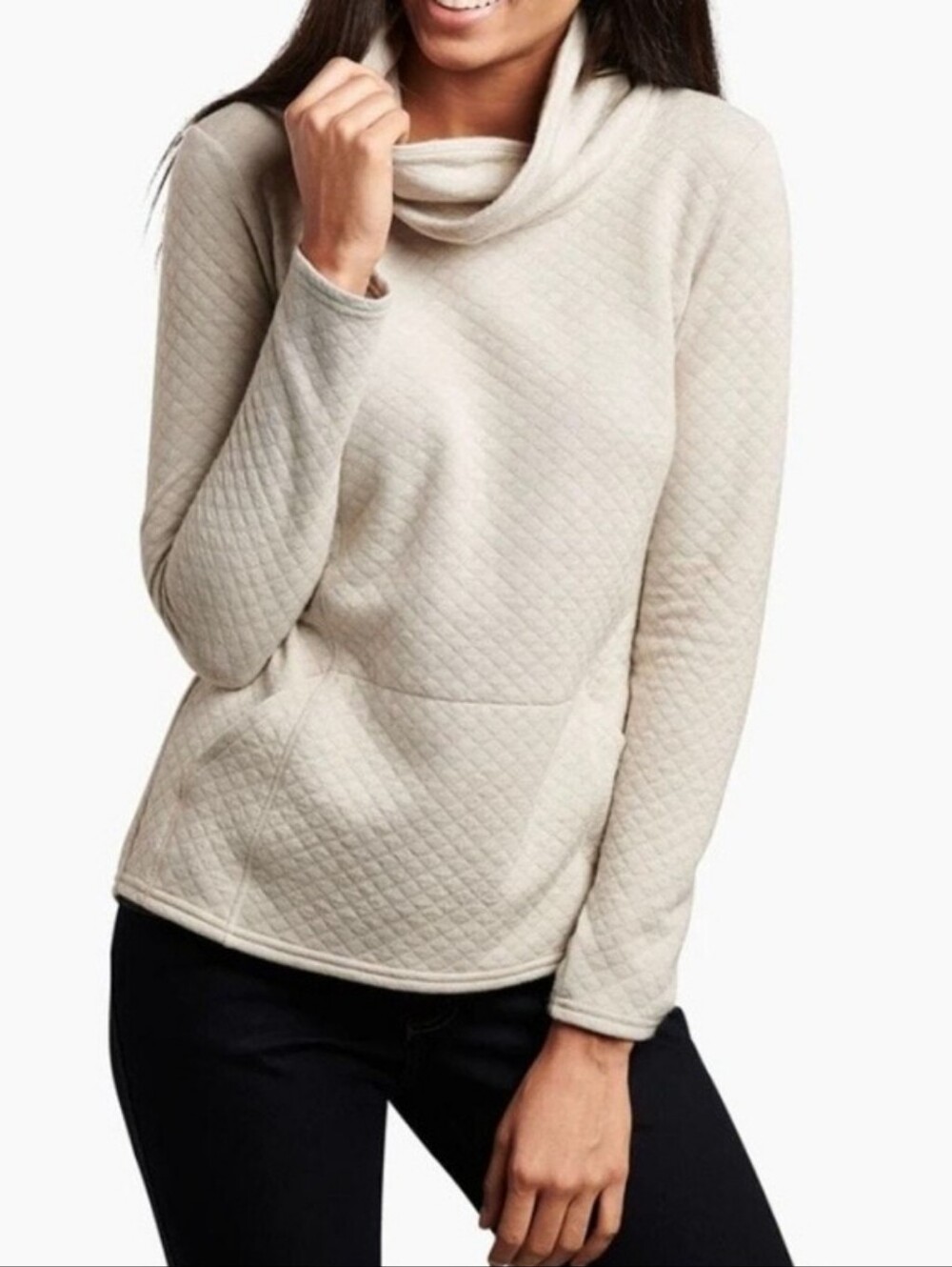 KUHL Women's Athena Pullover Dove White Large Wool Blend Top Cowl Neck Outdoor